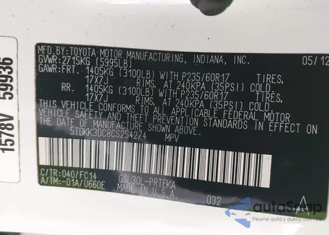 2012 Toyota Sienna Le V6 8 Passenger из США, поврежденный, VIN 5TDKK3DC8CS254274